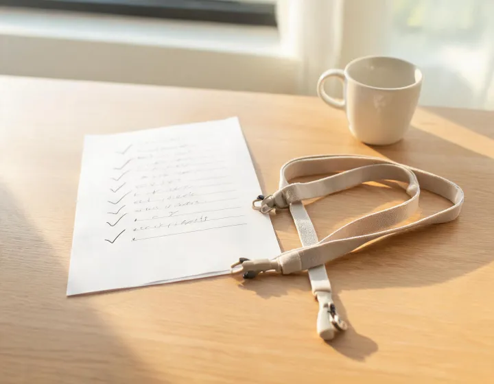 Desk review of unlabeled glasses straps beside a sourcing checklist