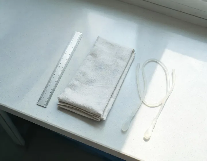 Unlabeled glasses straps arranged on an optical workbench