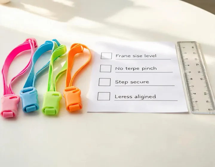 Kids glasses straps beside a youth optical checklist