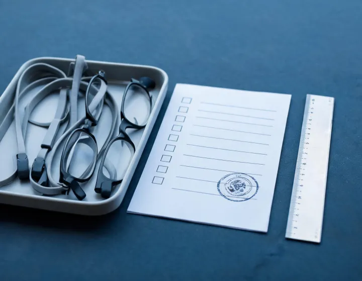Sample glasses straps beside an approval checklist
